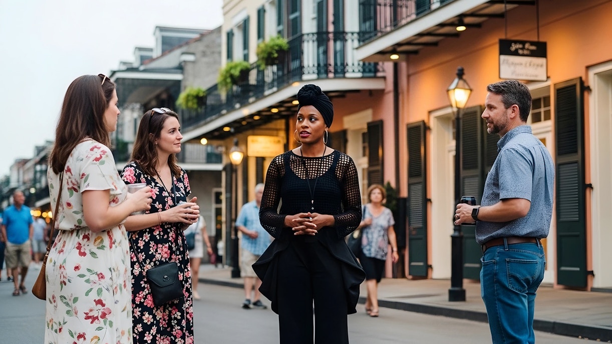 Tour group in French Quarter, New Orleans, during haunted ghost tour.