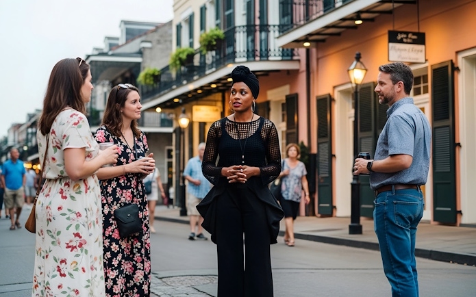 Tour group in French Quarter, New Orleans, during haunted ghost tour.