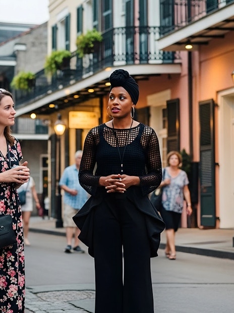 Tour group in French Quarter, New Orleans, during haunted ghost tour.