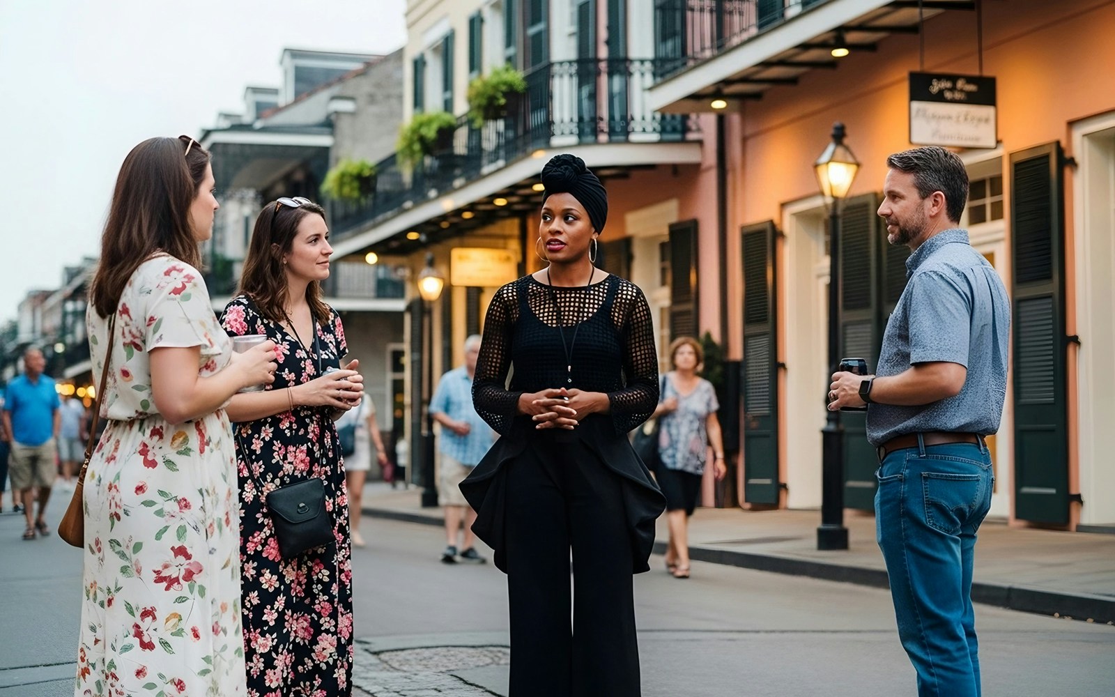 Tour group in French Quarter, New Orleans, during haunted ghost tour.