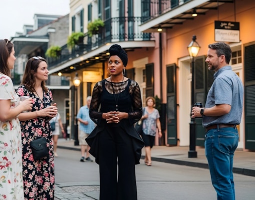 Tour group in French Quarter, New Orleans, during haunted ghost tour.