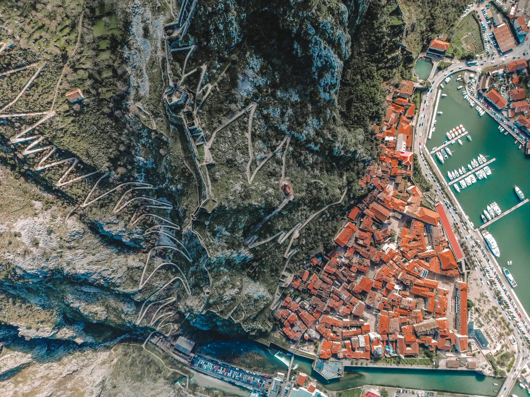 Aerial view of Kotor's red-roofed buildings and winding fortress walls near the harbor, Montenegro.