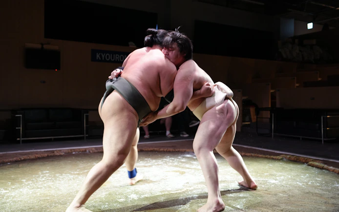 Sumo wrestlers competing in a Kyoto entertainment show.