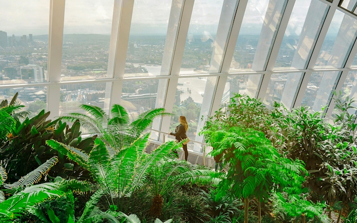 Sky Garden London interior with lush greenery and city view through large windows.