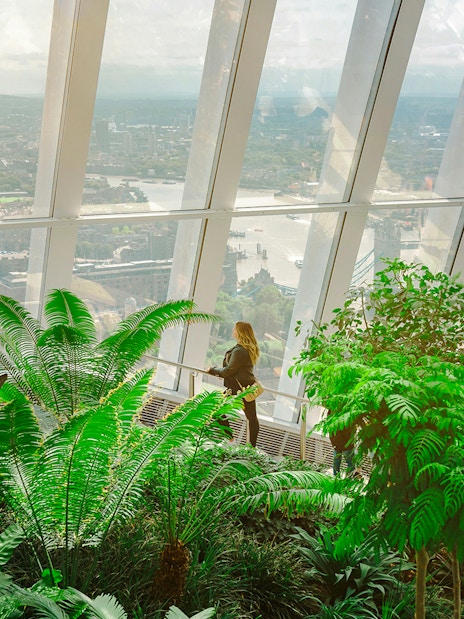 Sky Garden London interior with lush greenery and city view through large windows.