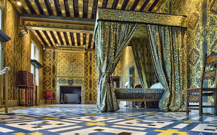 Royal Blois Castle interior with ornate bed and patterned walls.