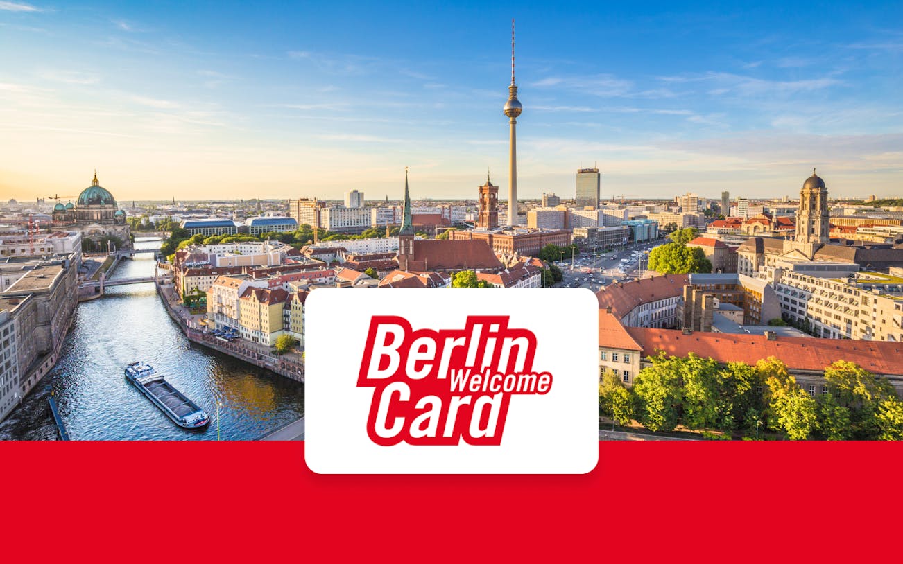Berlin skyline with TV Tower and Spree River, promoting Berlin WelcomeCard for public transport and discounts.