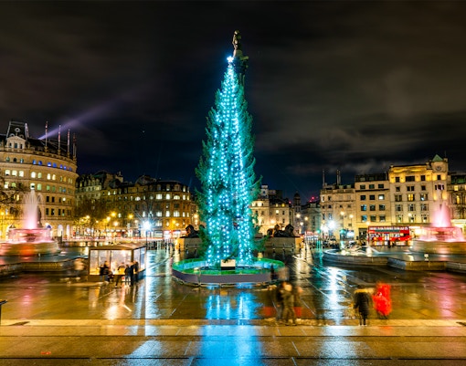 Trafalgar Square at night with Christmas tree and fountains, London, England.