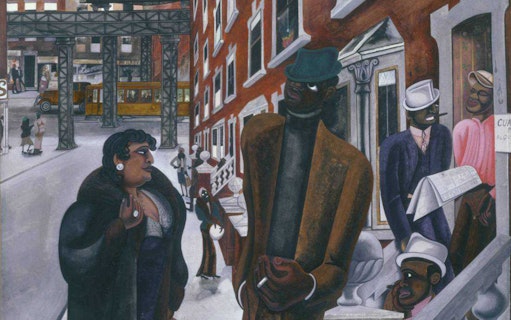 Street scene in Harlem with people socializing, buildings, and a trolley in the background.