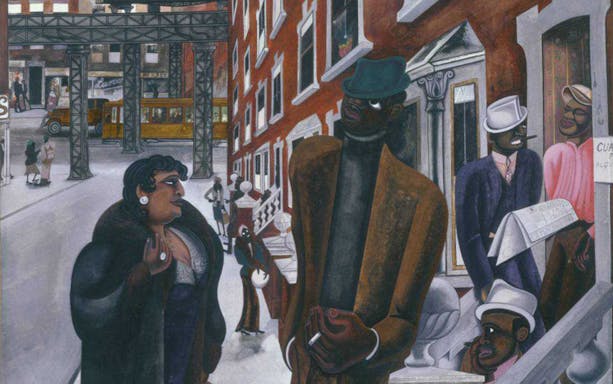 Street scene in Harlem with people socializing, buildings, and a trolley in the background.