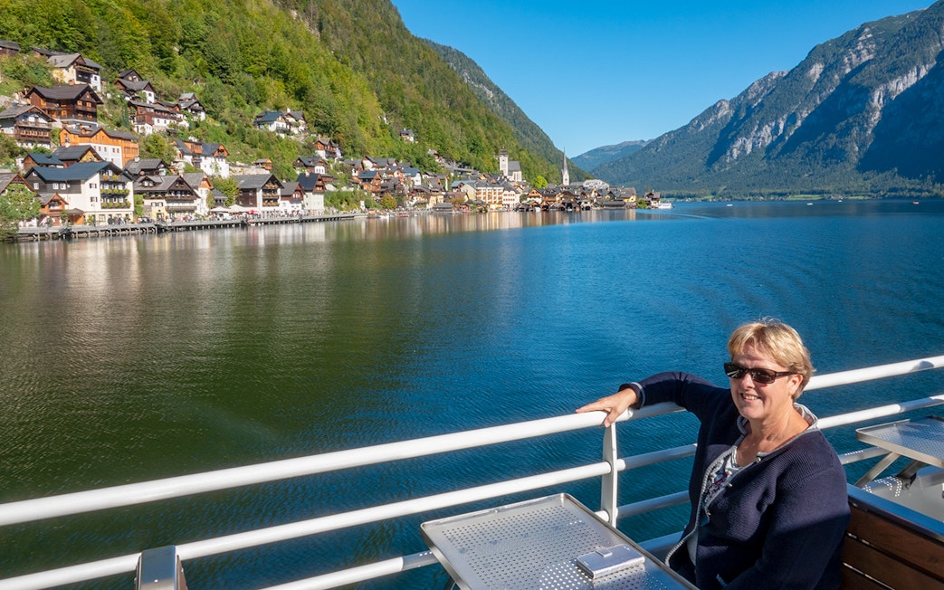 Boat ride view of Hallstatt village and lake on a day trip from Vienna.