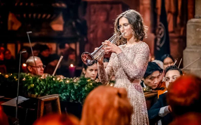 Orchestra performing inside St. Stephen's Cathedral, Vienna, with audience seated.