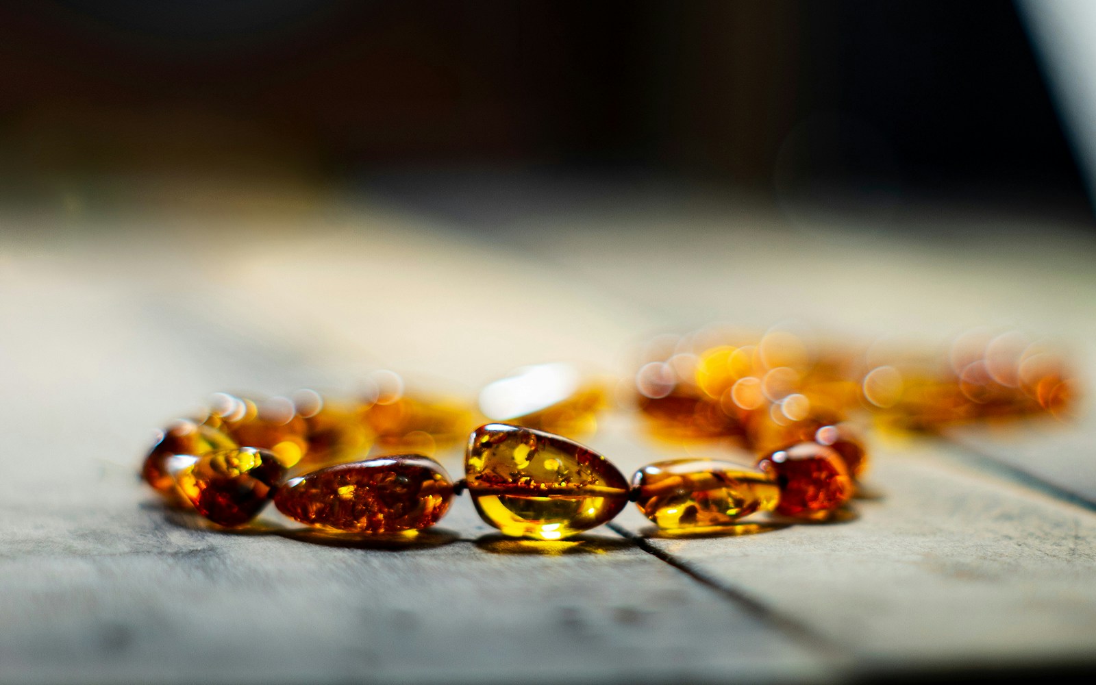 Amber necklace displayed in a museum exhibit in Jaipur, India.