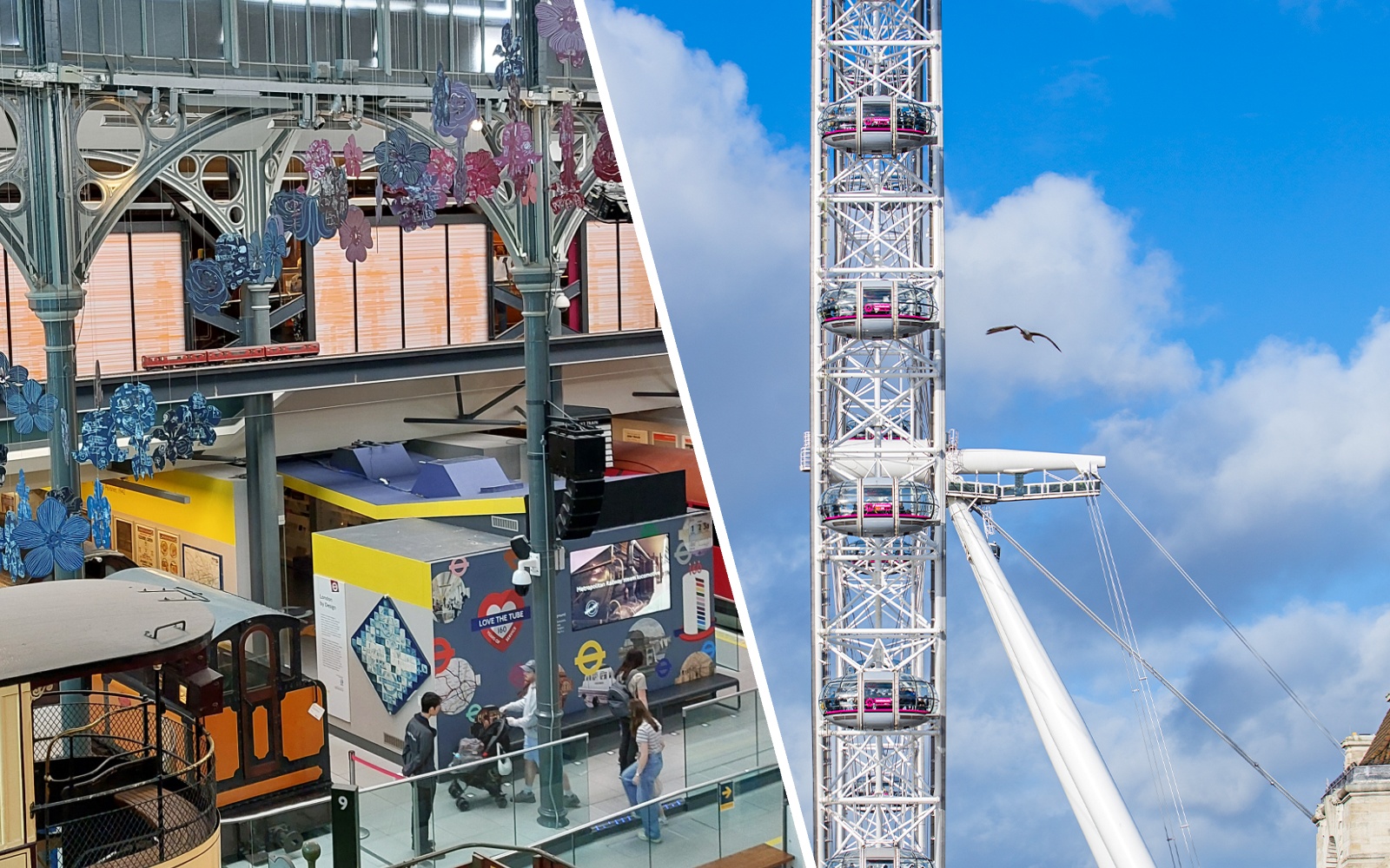 London Transport Museum interior and London Eye observation wheel against blue sky.