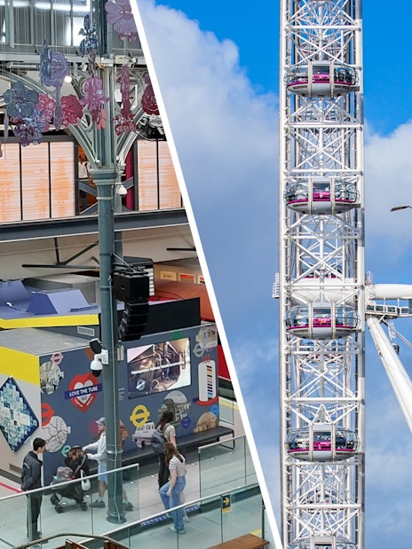London Transport Museum interior and London Eye observation wheel against blue sky.