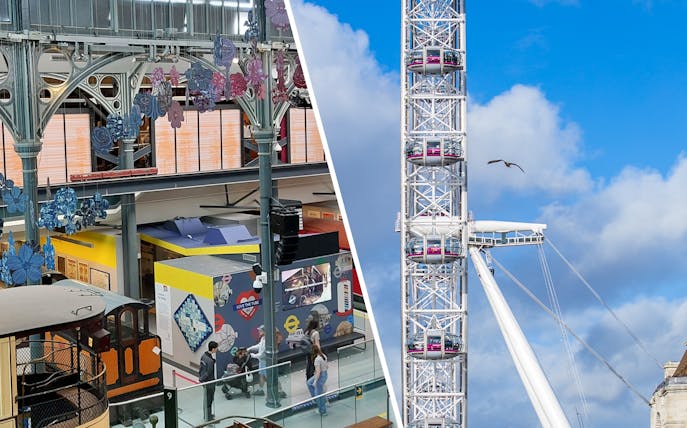 London Transport Museum interior and London Eye observation wheel against blue sky.