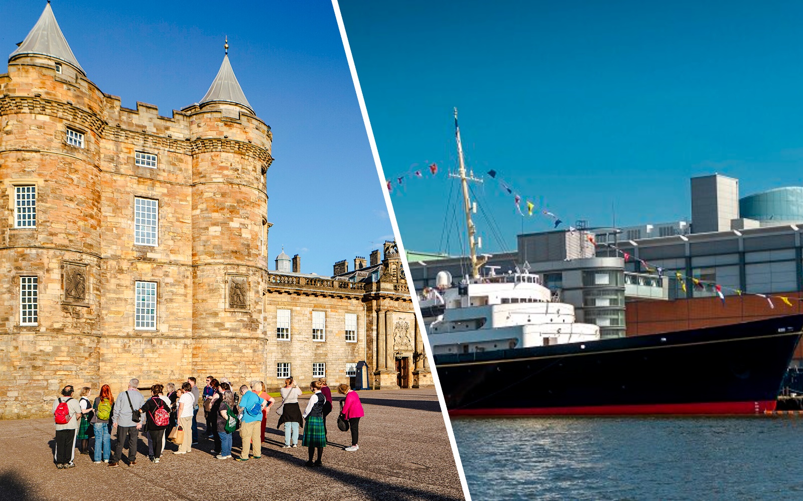 Tour group at Palace of Holyroodhouse and Royal Yacht Britannia docked in Edinburgh.