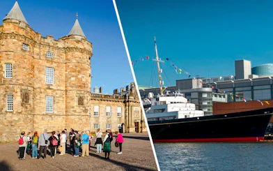 Tour group at Palace of Holyroodhouse and Royal Yacht Britannia docked in Edinburgh.