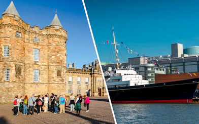Tour group at Palace of Holyroodhouse and Royal Yacht Britannia docked in Edinburgh.