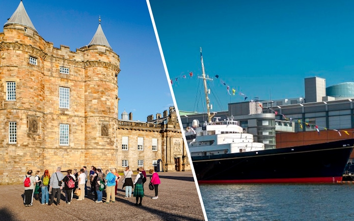 Tour group at Palace of Holyroodhouse and Royal Yacht Britannia docked in Edinburgh.