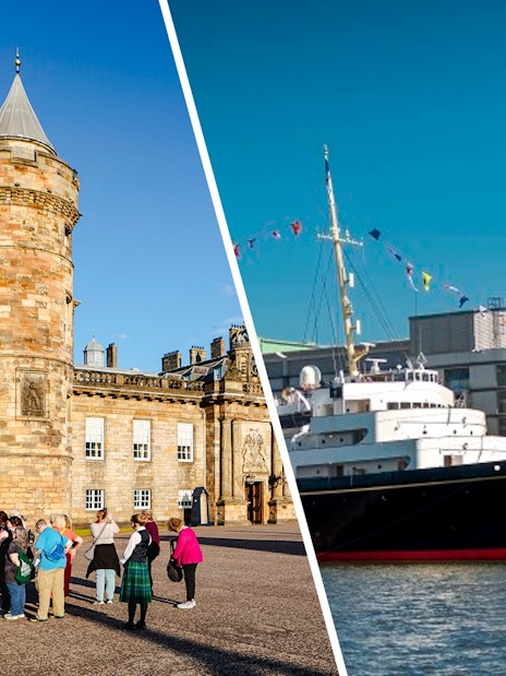 Tour group at Palace of Holyroodhouse and Royal Yacht Britannia docked in Edinburgh.