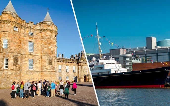 Tour group at Palace of Holyroodhouse and Royal Yacht Britannia docked in Edinburgh.