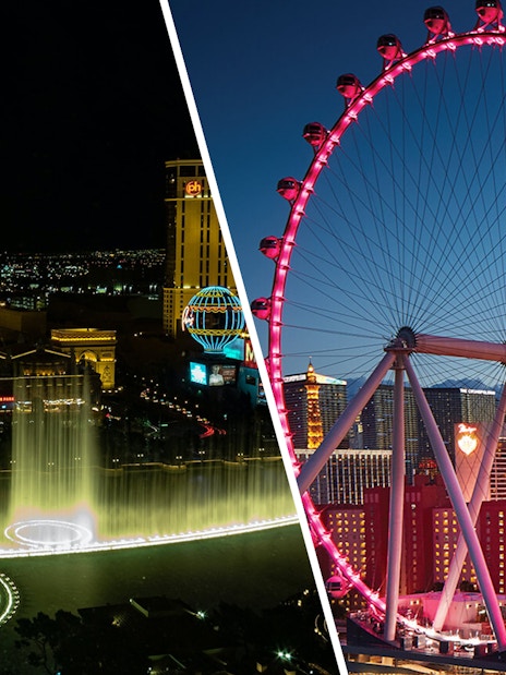 Las Vegas Eiffel Tower and High Roller observation wheel at night.