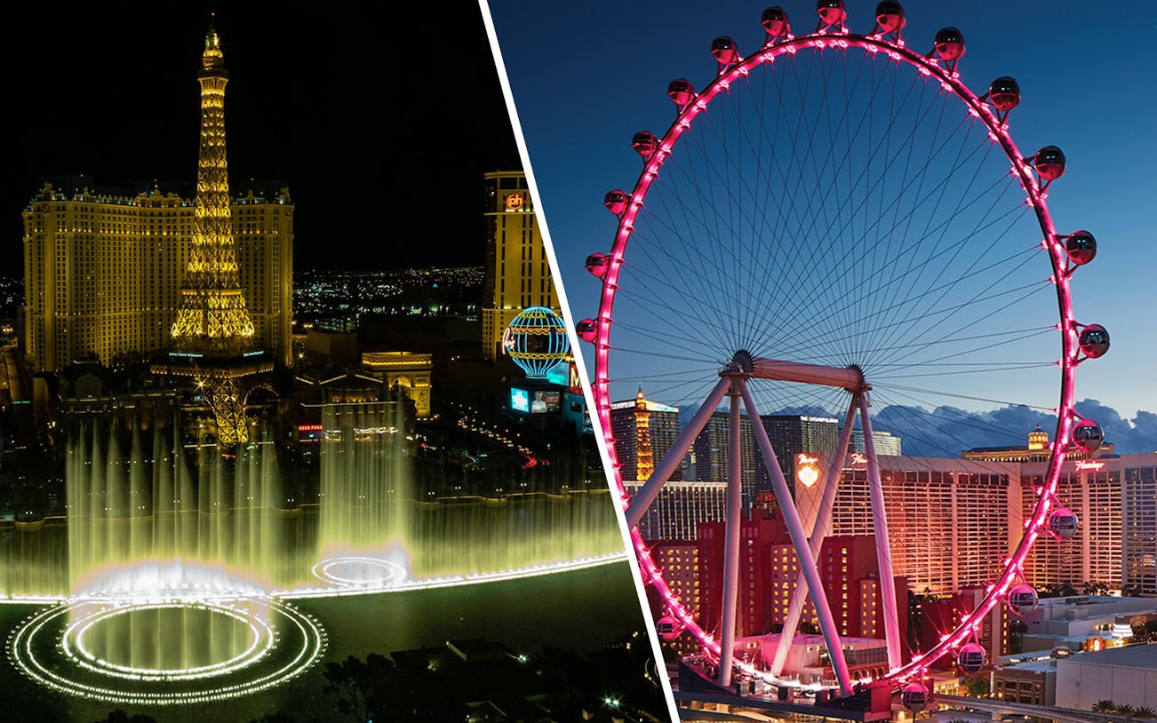Las Vegas Eiffel Tower and High Roller observation wheel at night.