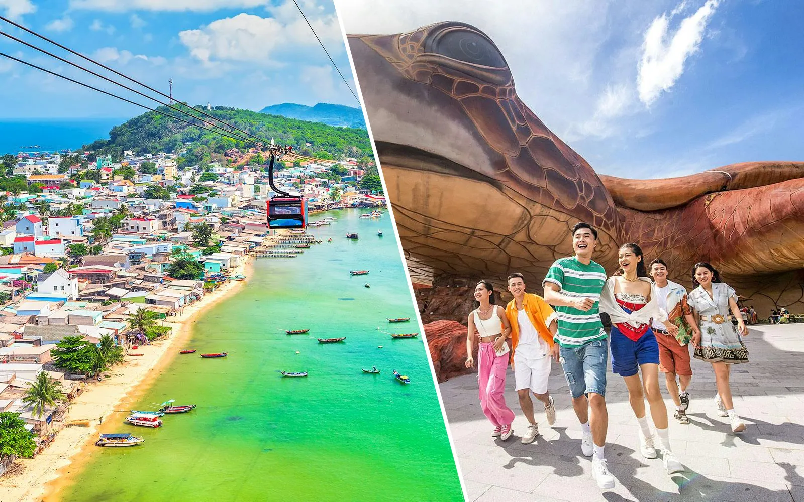 Cable car over Hon Thom Island and visitors at VinWonders Phu Quoc.