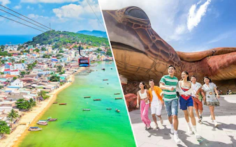 Cable car over Hon Thom Island and visitors at VinWonders Phu Quoc.