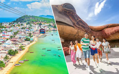 Cable car over Hon Thom Island and visitors at VinWonders Phu Quoc.