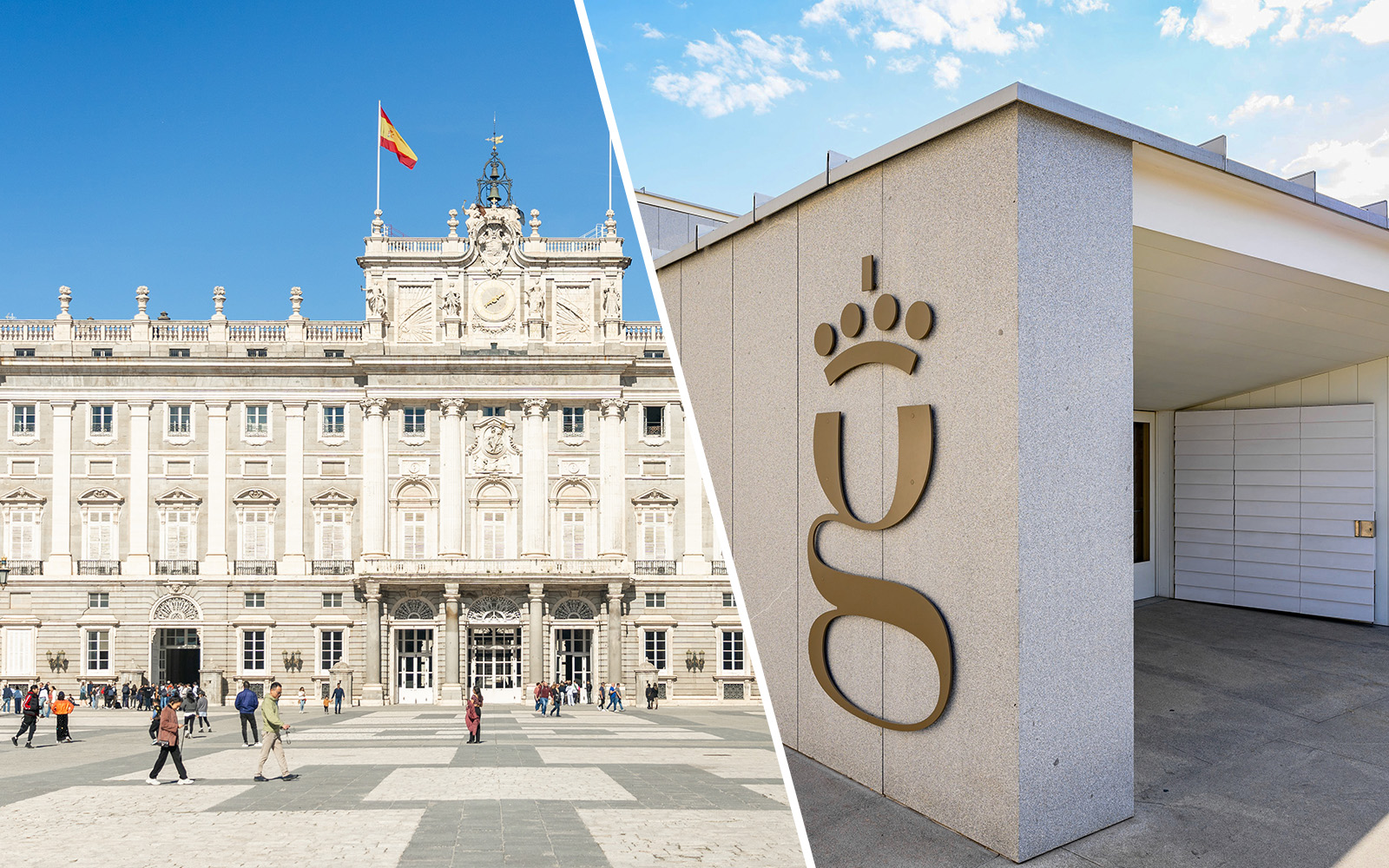 Royal Palace of Madrid exterior with tourists and Royal Collections Gallery entrance.