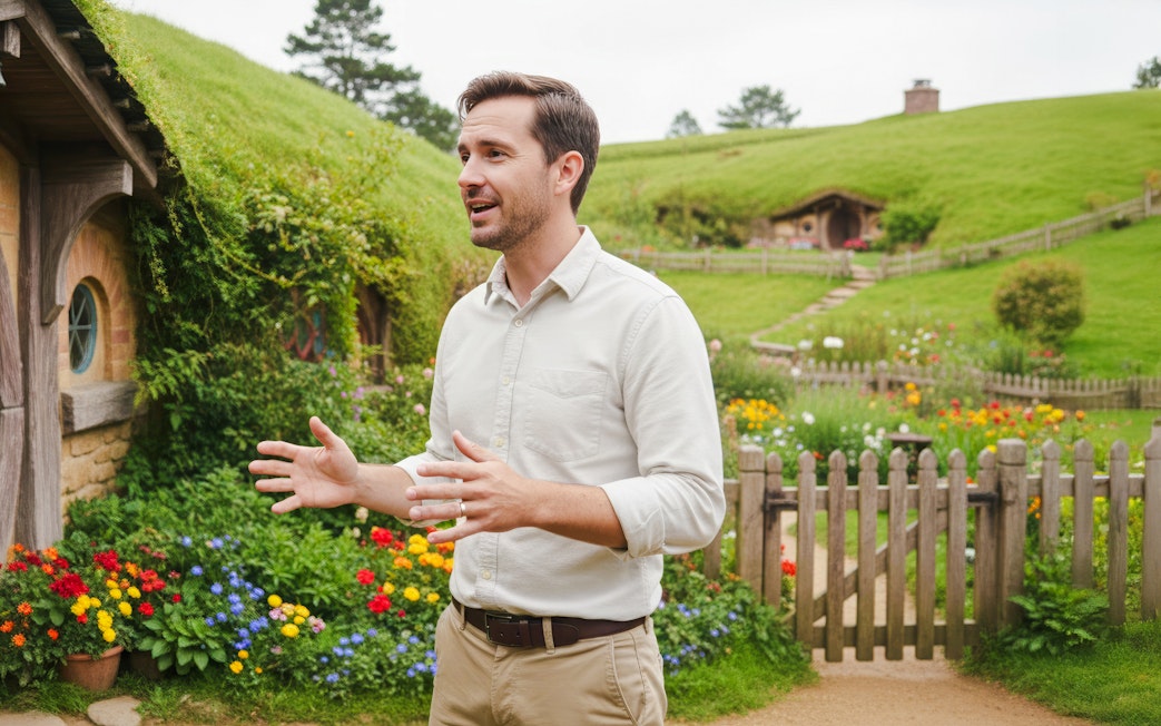 Guide explaining Hobbiton Movie Set to tour group in lush garden setting.