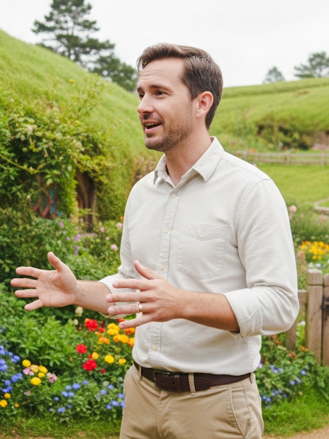 Guide explaining Hobbiton Movie Set to tour group in lush garden setting.