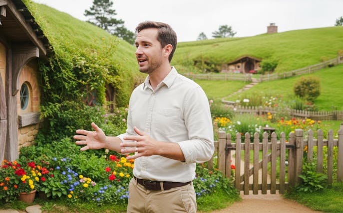 Guide explaining Hobbiton Movie Set to tour group in lush garden setting.