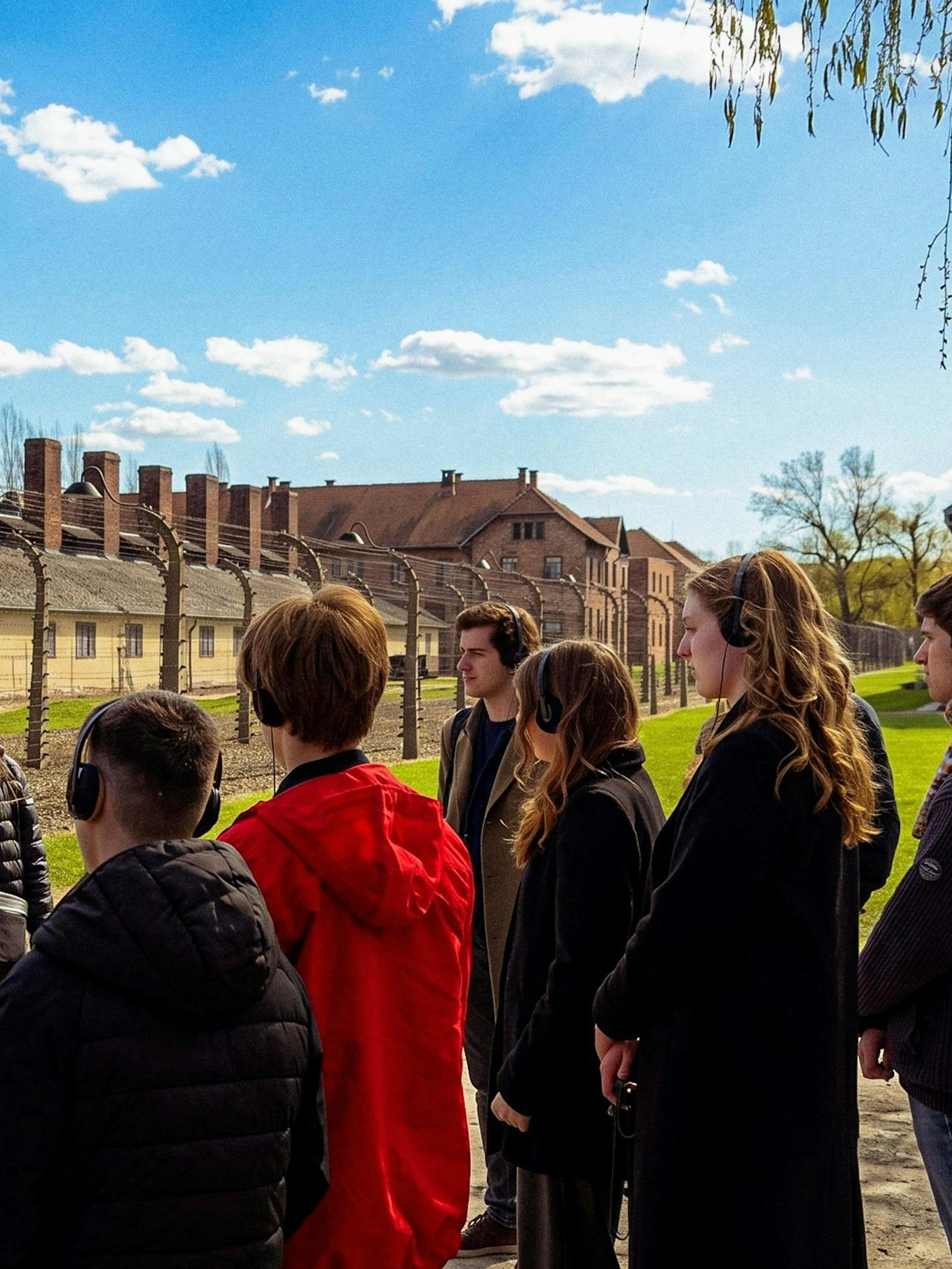 Guided tour group at Auschwitz-Birkenau State Museum grounds, Krakow.