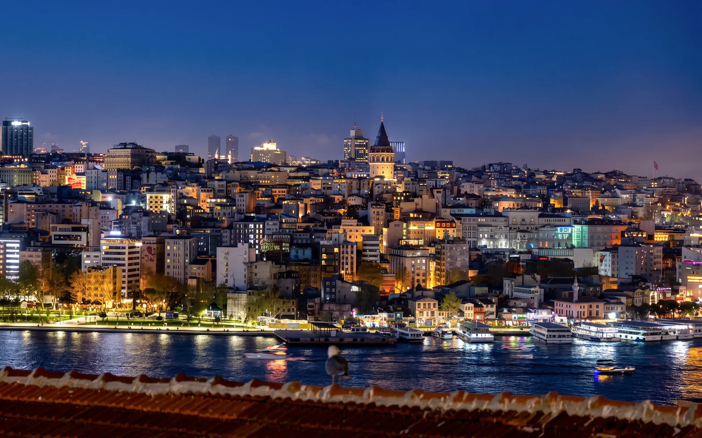 Night view of Istanbul with illuminated Galata Tower and cityscape along the Bosphorus.
