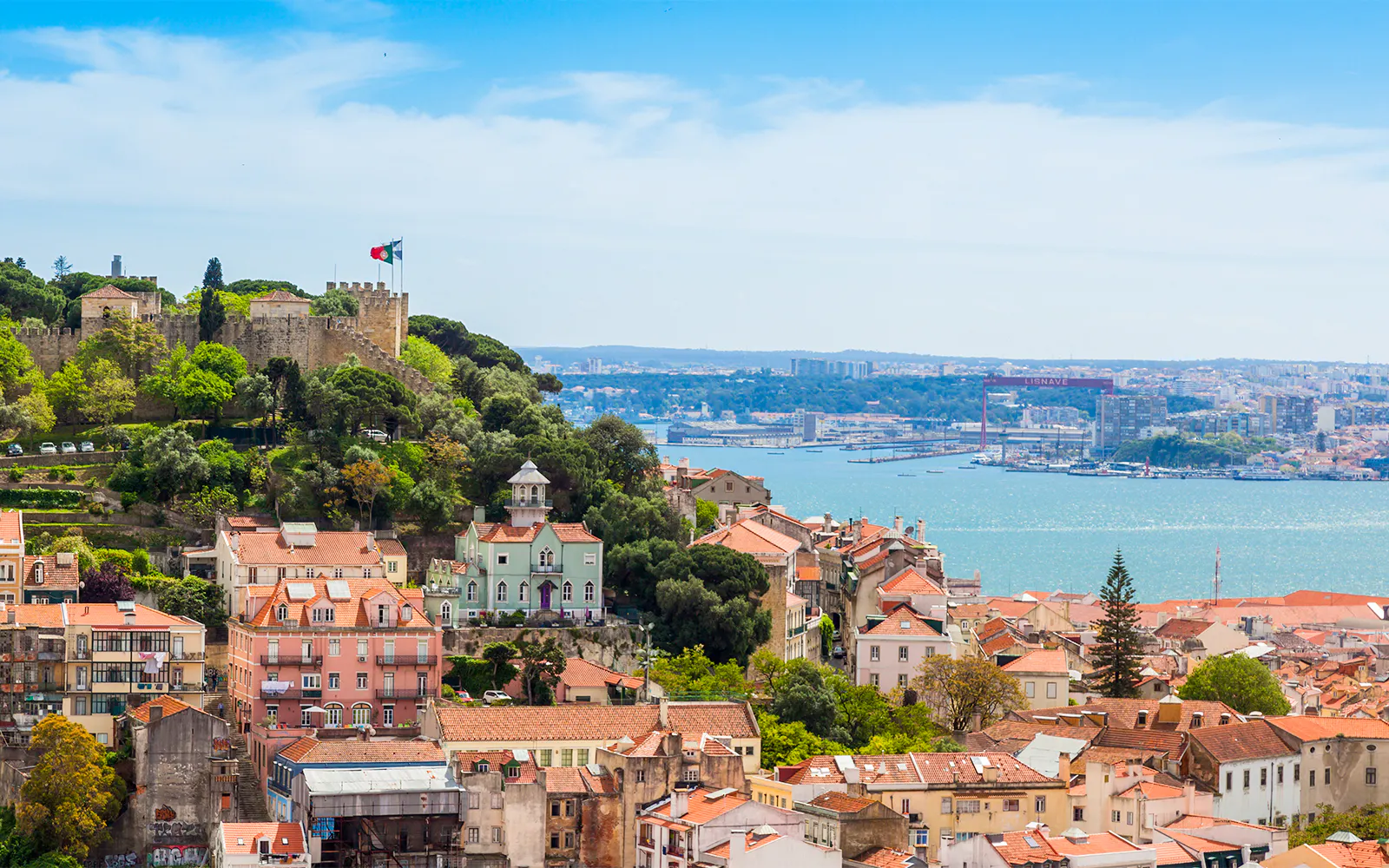 View of Lisbon rooftops and São Jorge Castle from Church of Graça terrace.