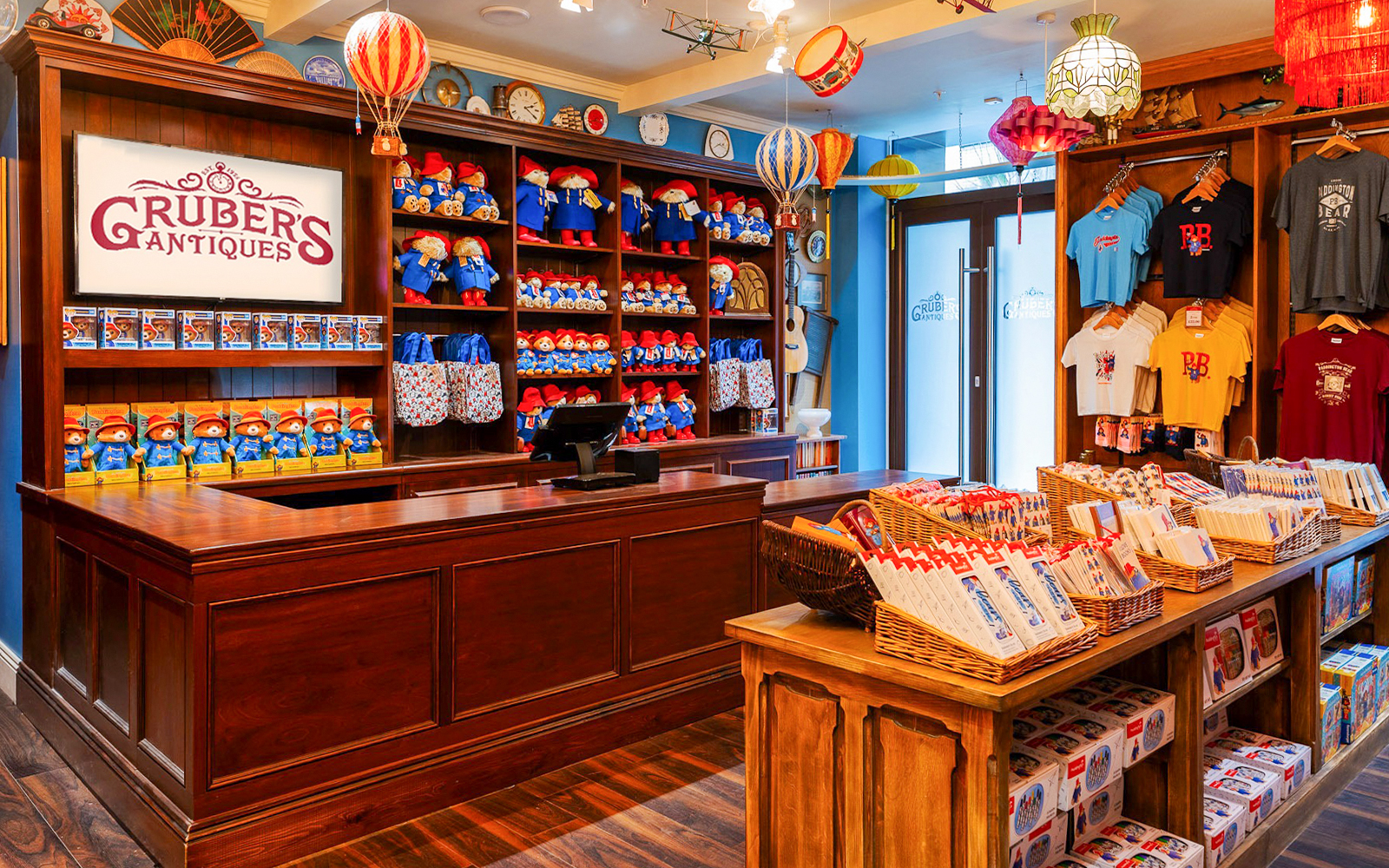 Gruber's Antiques shop with Paddington Bear merchandise in London.