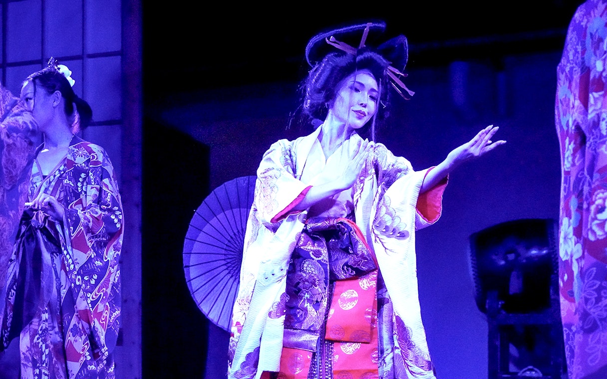 Traditional Japanese dancers performing at Tokyo Tower festival.