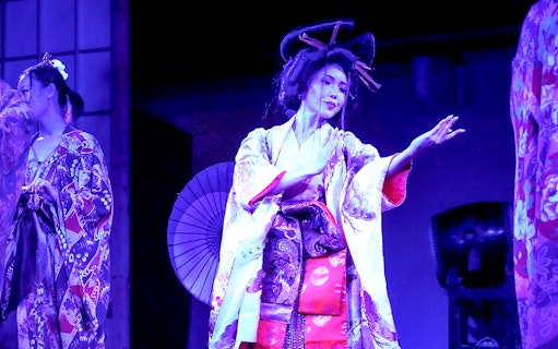 Traditional Japanese dancers performing at Tokyo Tower festival.