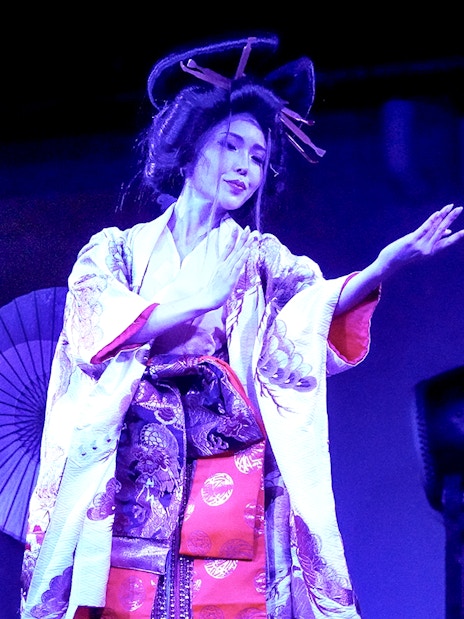 Traditional Japanese dancers performing at Tokyo Tower festival.