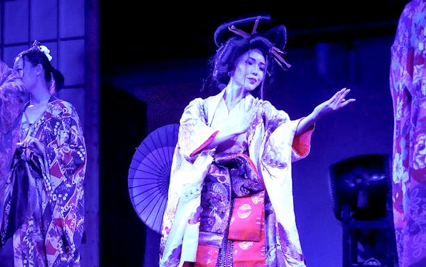Traditional Japanese dancers performing at Tokyo Tower festival.