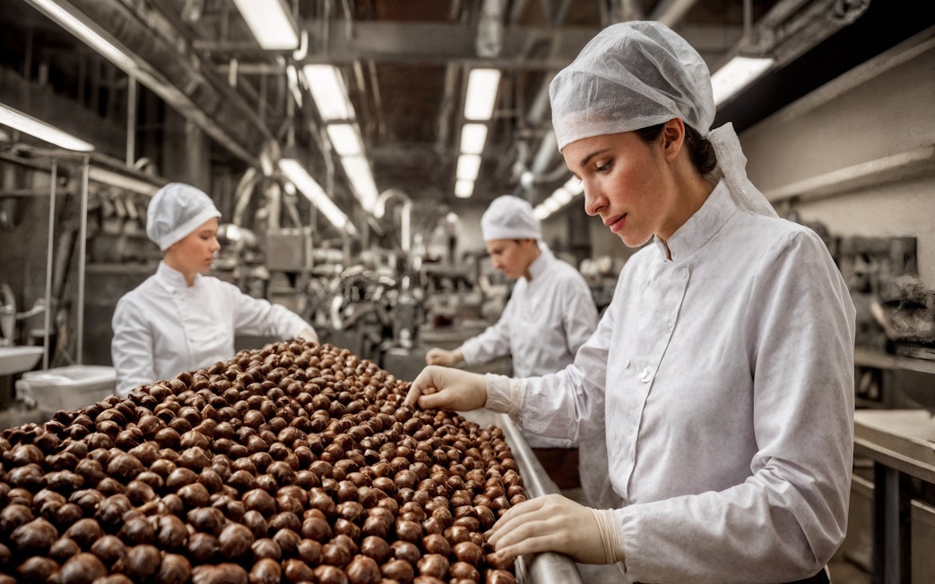 Workers inspecting chocolate pralines at Lindt Home of Chocolate Museum.