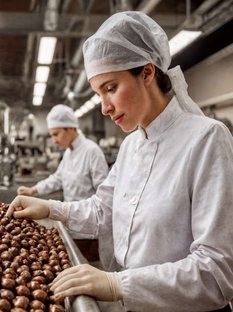 Workers inspecting chocolate pralines at Lindt Home of Chocolate Museum.