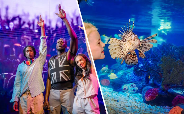 Madame Tussauds London wax figures and child observing lionfish at SEA LIFE London.
