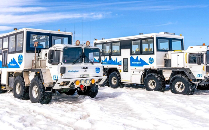 Snow trucks used for glacier ice cave tours in Langjökull, Iceland.