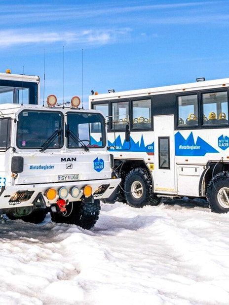 Snow trucks used for glacier ice cave tours in Langjökull, Iceland.