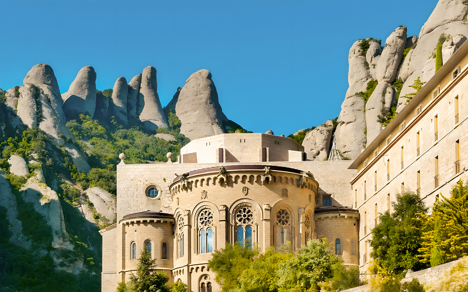 Montserrat Monastery with mountain backdrop on Montserrat Day Trip.