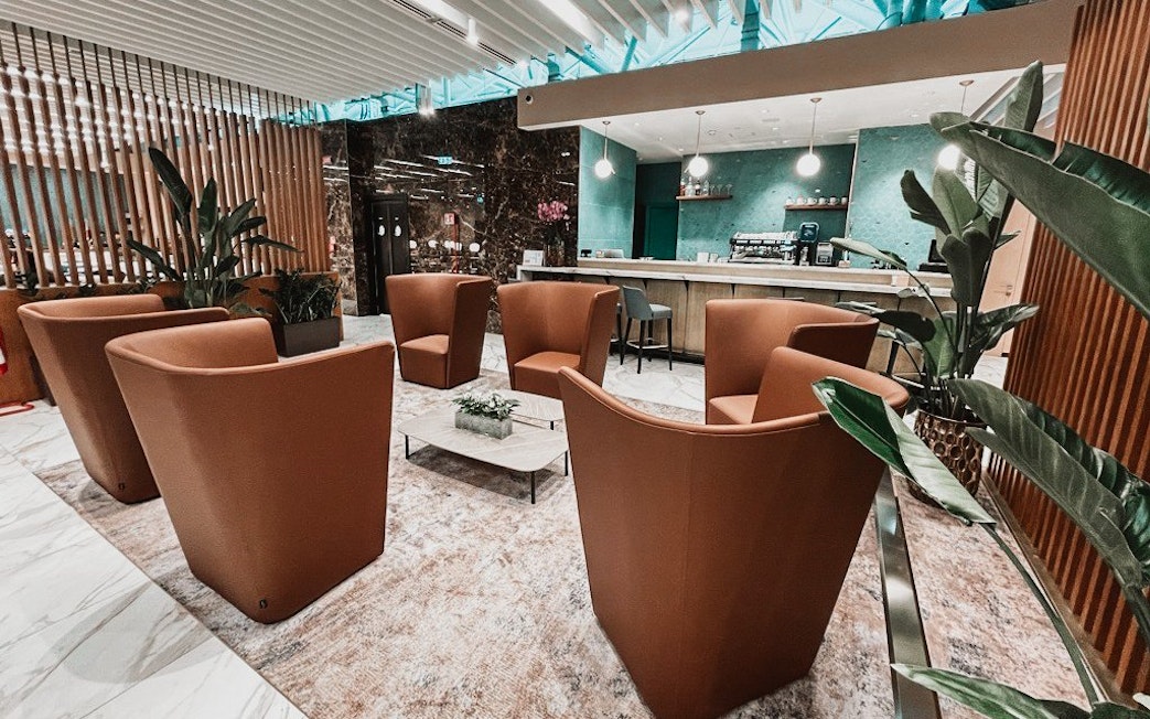 Lounge seating area at Plaza Premium First Lounge, Rome Fiumicino Airport Terminal 1.